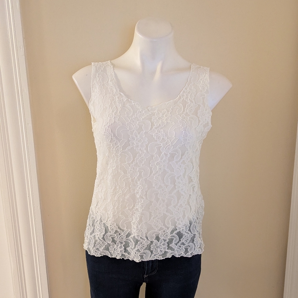 Sheer white lace tank top size medium